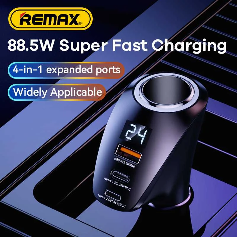 Automobilinis įkroviklis 2x USB-C, USB Remax RCC339, 88.5W (juodas)
