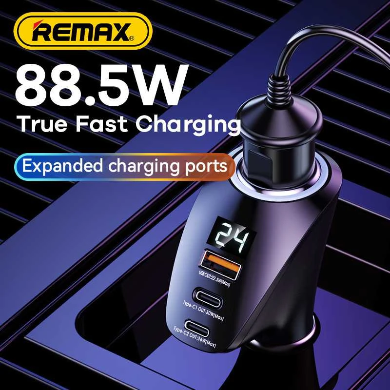 Automobilinis įkroviklis 2x USB-C, USB Remax RCC339, 88.5W (juodas)