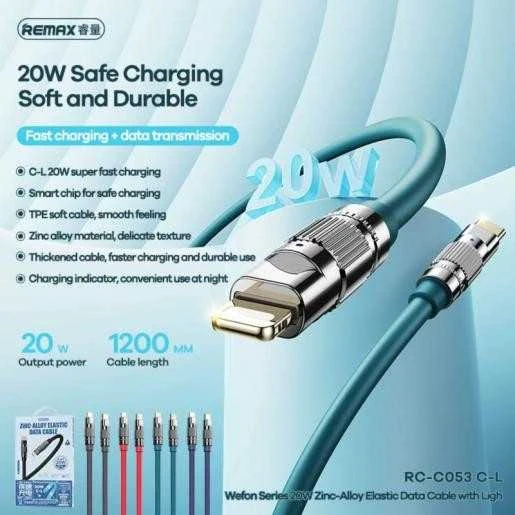 Greito įkrovimo kabelis REMAX RC-C053 20W PD cinko lydinio su apšvietimu USB-C į Lightning: Spalva - Deep Jungle žalia