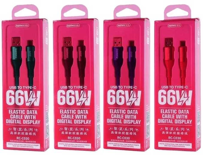 Greito įkrovimo kabelis REMAX RC-C030 66W su skaitmeniniu ekranu USB-A į USB-C: Spalva - Raudona