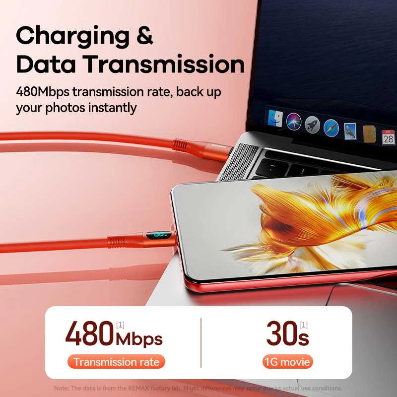 Greito įkrovimo kabelis REMAX RC-C030 66W su skaitmeniniu ekranu USB-A į USB-C: Spalva - Raudona