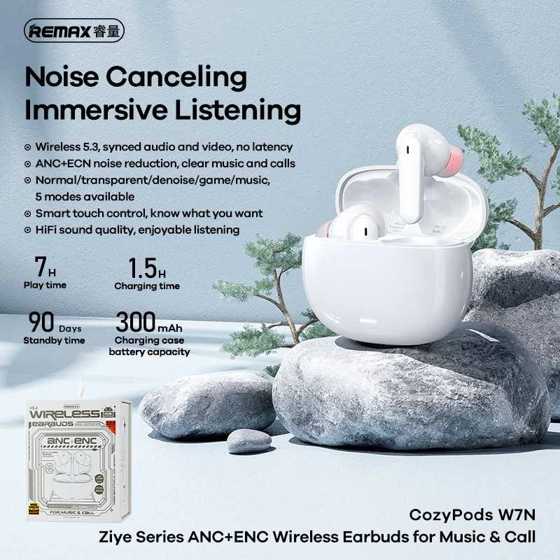 Belaidės TWS ausinės REMAX CozyPods W7N su ANC+ENC Bluetooth 5.3: Spalva - Juoda