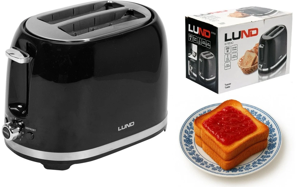 Lund Juodas skrudintuvas 2 riekelėms, 7 apskrudimo lygiai, su atitirpinimo ir pašildymo nustatymais, duonos skrudintuvas