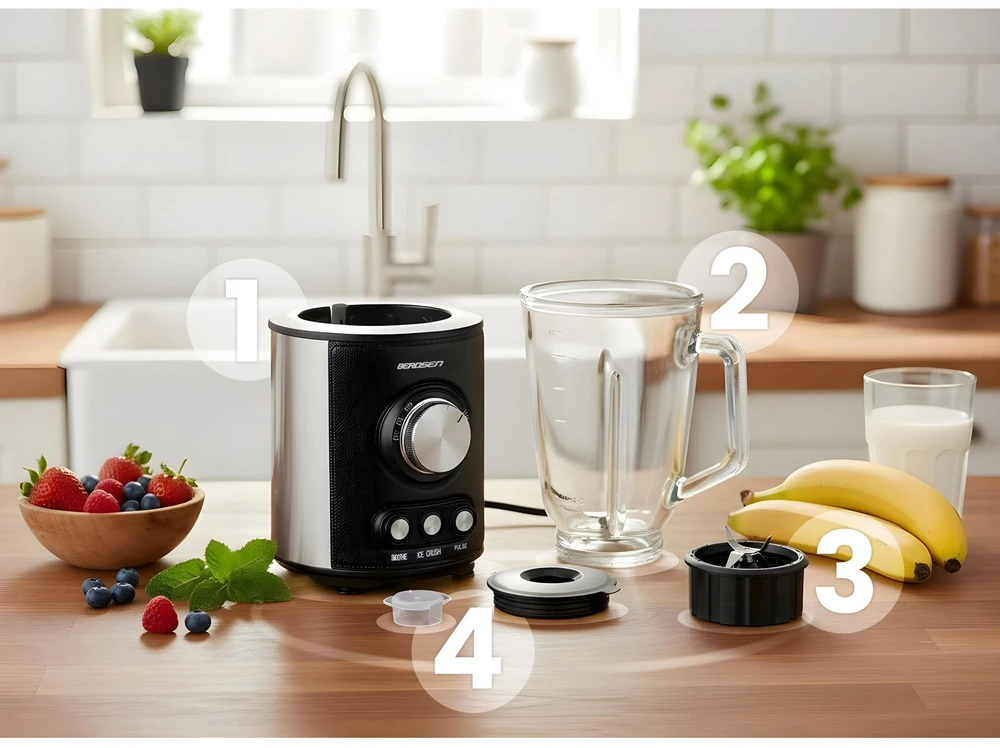 Juodas BD-751 Berdsen stiklinis trintuvas smoothie kokteiliams ir ledui, 1,5 l, 800 W