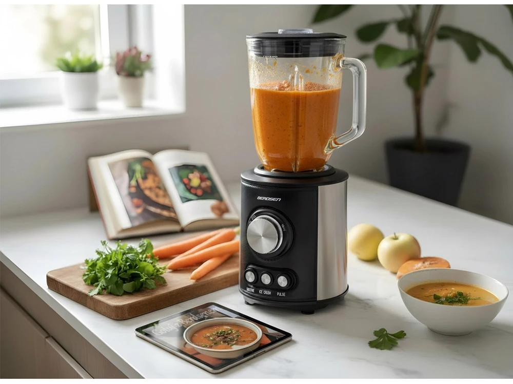 Juodas BD-751 Berdsen stiklinis trintuvas smoothie kokteiliams ir ledui, 1,5 l, 800 W