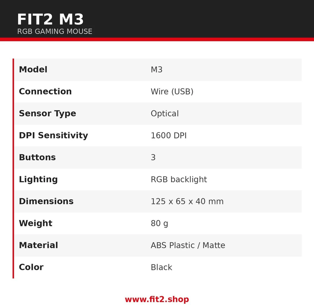 Pelė žaidimams FIT2 M3 RGB , su laidu USB, 1600 DPI, juoda