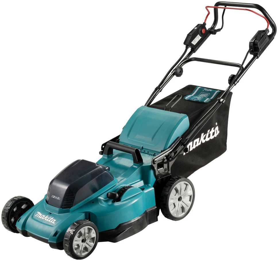 Makita DLM481Z akumuliatorinė vejapjovė 2x18V, 48cm, savaeigė, 4 viename (pjovimas/rinkimas/mulčiavimas/galinis išmetimas), 27,1kg, plastikinis korpusas, be akumuliatorinio ir krovinio