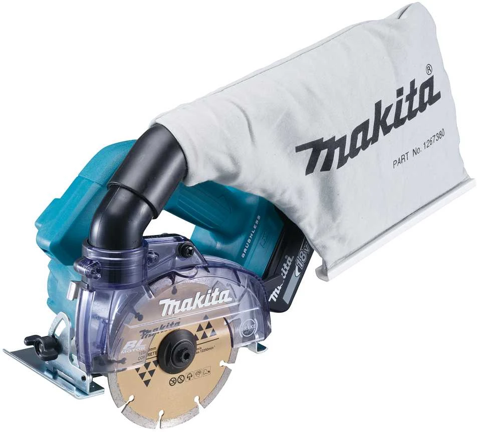Makita DCC500Z su dulkių maišeliu ir deimantiniu disku