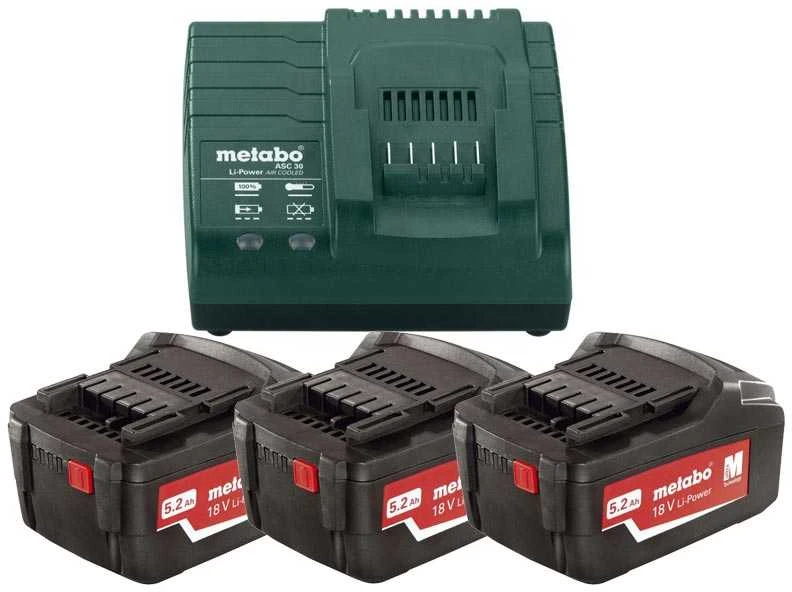 Akumuliatorius Metabo 18 V; 5,2 Ah; Li-ion; 3 vnt. + pakrovėjas Metabo ASC 30-36