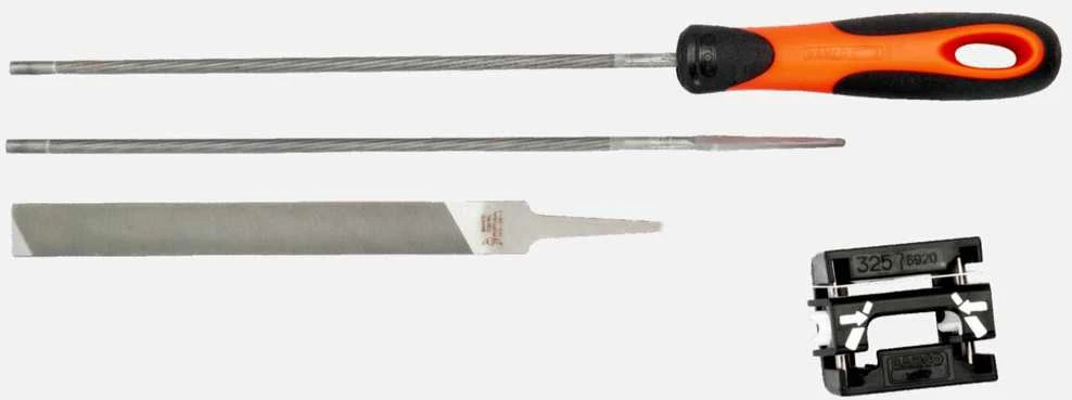 Grandinės galandimo rinkinys Bahco ERGO™, dvi apvalios dildės 4,0mm, viena plokščia, ERGO™ rankena ir šablonas