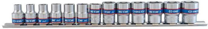 KING TONY SOCET RINKINYS 3/8 "13 vnt. TRUMPAS 6 Kvadratinis 7 - 19 mm, CROMAS, ANT bėgelio