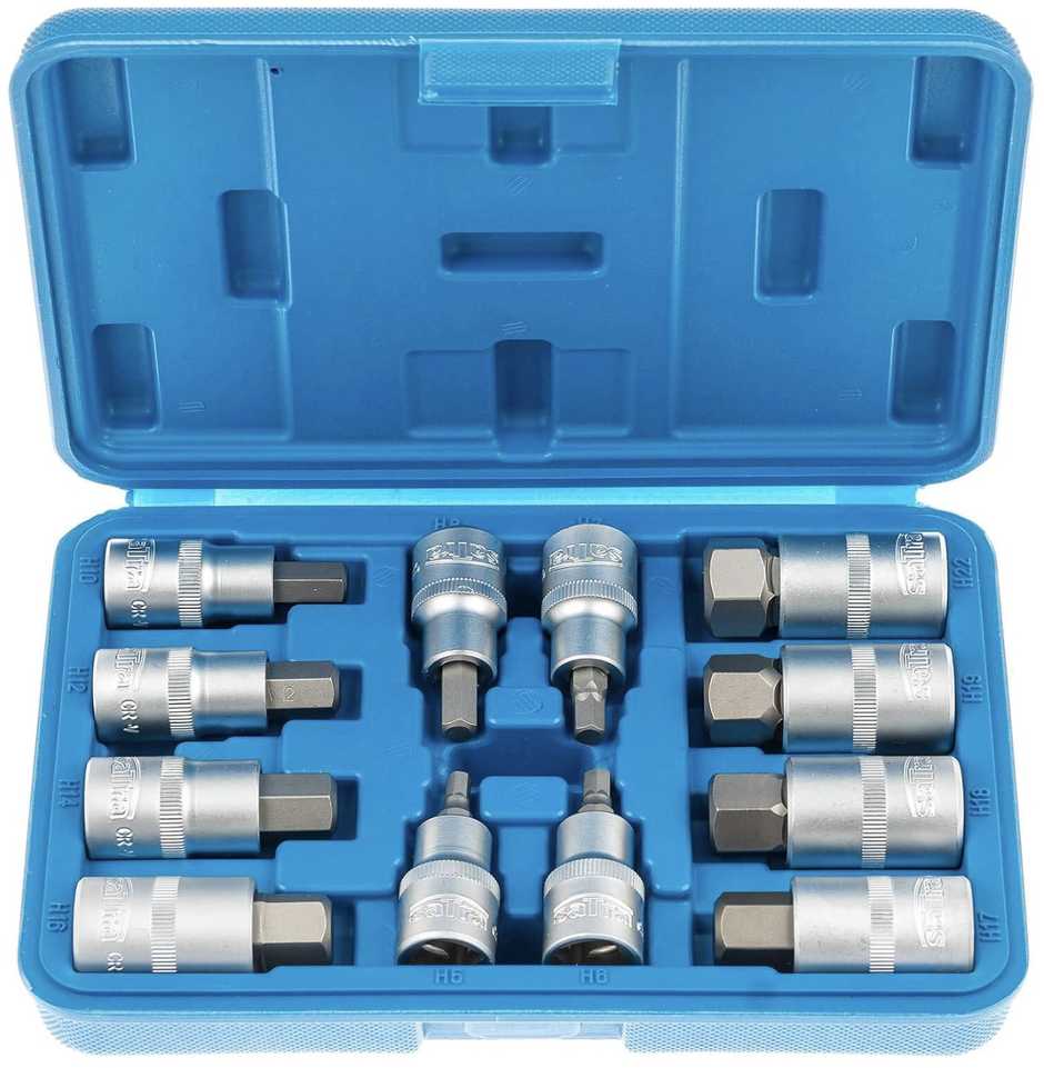 Galvučių su antgaliais rinkinys SATRA S-SH1212; 1/2''; 5-22 mm; 12 vnt.