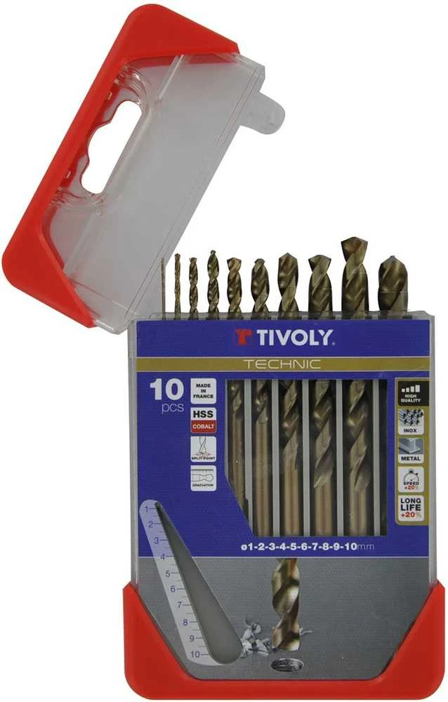 Grąžtas Tivoly Metalo grąžtų rinkinys HSS-Co pilnai šlifuoti Clipster PRO 10vnt Ø1-10mm 5% kobalto