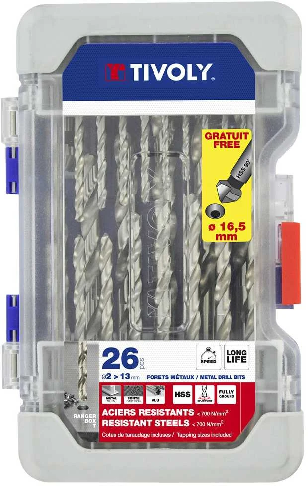 Grąžtas Tivoly Metalo grąžtų rinkinys HSS 26vnt Ø1-13mm, gilintuvas 16.5 mm