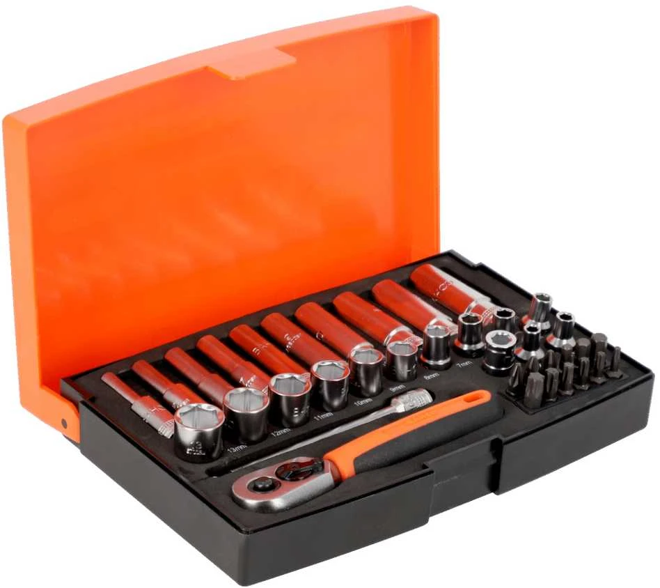 Galvučių, terkšlės ir priedų rinkinukas 4-13mm, antgaliai PH,HEX,TORX 1/4" 37vnt blisteryje. Bahco