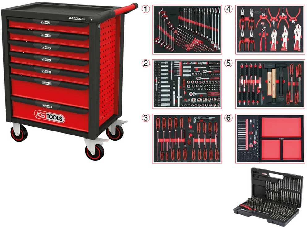 Įrankių vežimėlis RACINGline, 7 stalčiai +598vnt įrankių, KS Tools