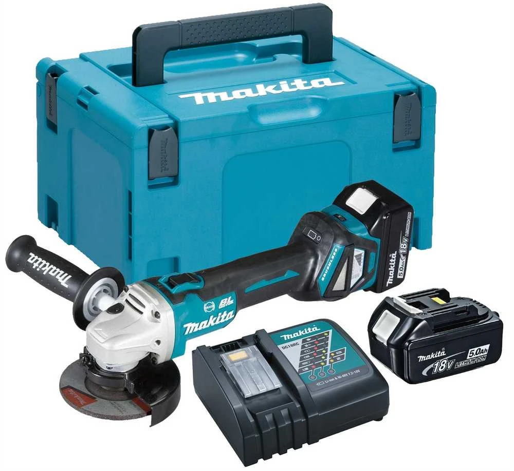 MAKITA KAMPINIS ŠLIFULĖLIS 18V‐125mm 2 x 5.0Ah LI-ION REG. BLDC lagaminas MAKPAC DGA513RTJ