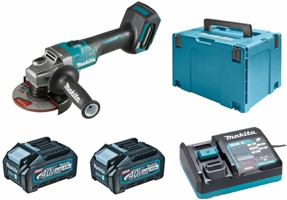 Makita GA005GM201 Kampinis šlifuoklis XGT, 125MM, 8500RPM; bešepetėlinis variklis, 2X4,0Ah; greitasis kroviklis; elektrinis stabdys; AFT; MAKPAC lagaminas; slankusis jungiklis