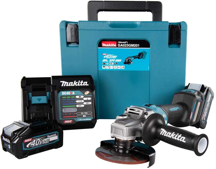 Makita GA023GM201 Kampinis šlifuoklis XGT, 125MM, 0-8500RPM; bešepetėlinis variklis, 2X4,0Ah; greitasis kroviklis; elektrinis stabdys; AFT; AWS (be AWS lusto); MAKPAC lagaminas; slankusis jungiklis, reguliuojamas greitis