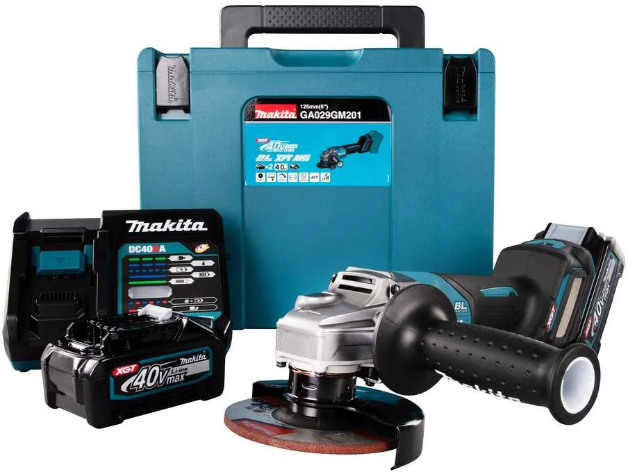 Makita GA029GM201 Kampinis šlifuoklis XGT, 125MM, 0-8500RPM; bešepetėlinis variklis, 2X4,0Ah; greitasis kroviklis; elektrinis stabdys; AFT; AWS (be AWS lusto);MAKPAC lagaminas; svirtinis jungiklis, reguliuojamas greitis