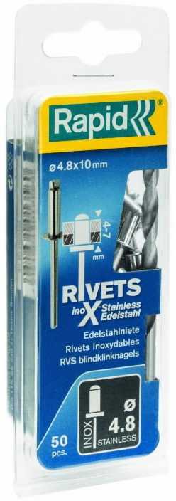 Rapid Nerūdijančio plieno kniedės 4x12mm 50 vnt. + grąžtas