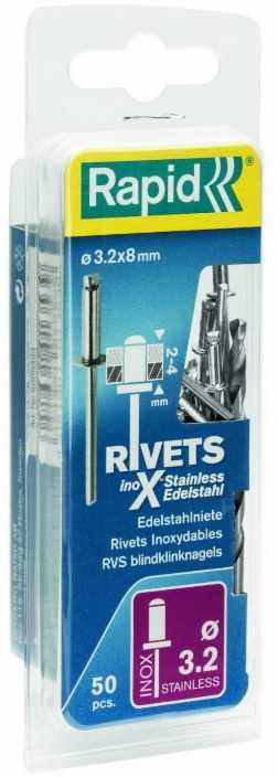 Kniedės Rapid 5000393; 3,2x8 mm; 50 vnt.; nerūdijančio plieno