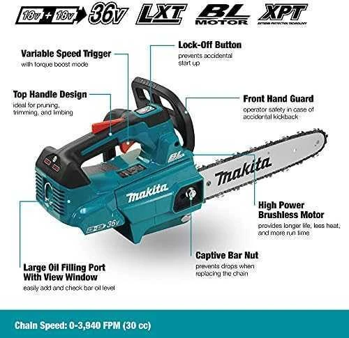 Makita DUC306Z Akumuliatorinis grandininis pjūklas, 2 x 18 V, BL variklis 300 mm, 20 m/s. (VIRŠUTINĖ RANKENA) be akumuliatorinio ir krovinio