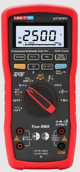 Multimetras SOLAR PRO, TRMS, 2,5 kV DC, 1 kV AC, 10 A AC/DC, 1 MHz, 60 MOm, 60 uF, IP65, CAT III 1500 V, CAT IV 1000 V, IP67, Bluetooth, UNI-T