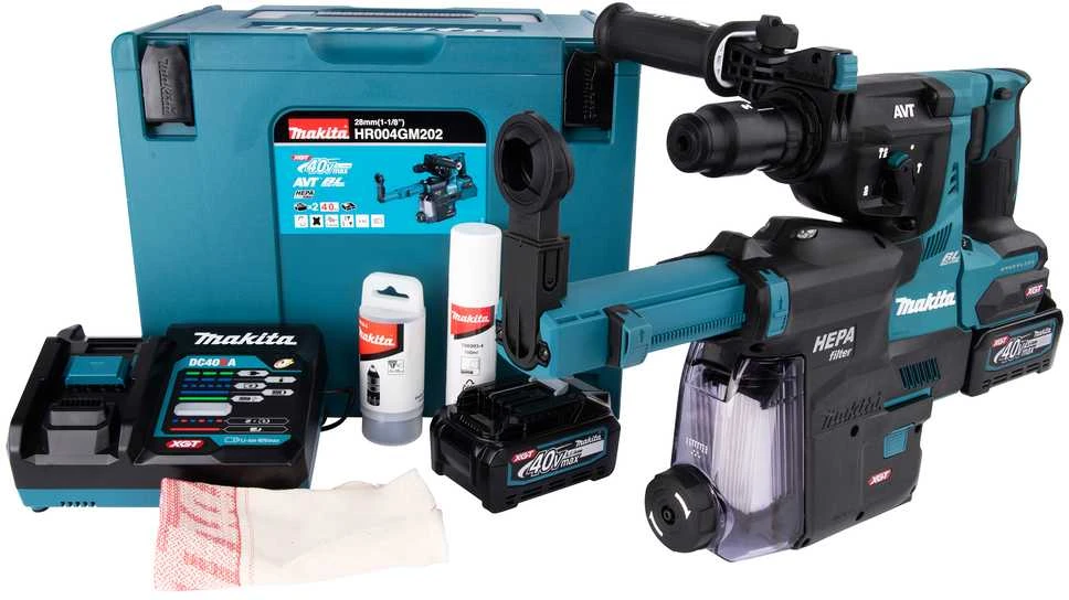 Makita HR004GM202 Perforatorius XGT, 2,9 J, 28mm; 4,1kg, bešepetėlinis variklis, greitojo keitimo griebtuvas, 2X4,0Ah, greitasis kroviklis; AVT; XPT; Dulkių surinkimo sistemos priedas DX14; MAKPAC lagaminas