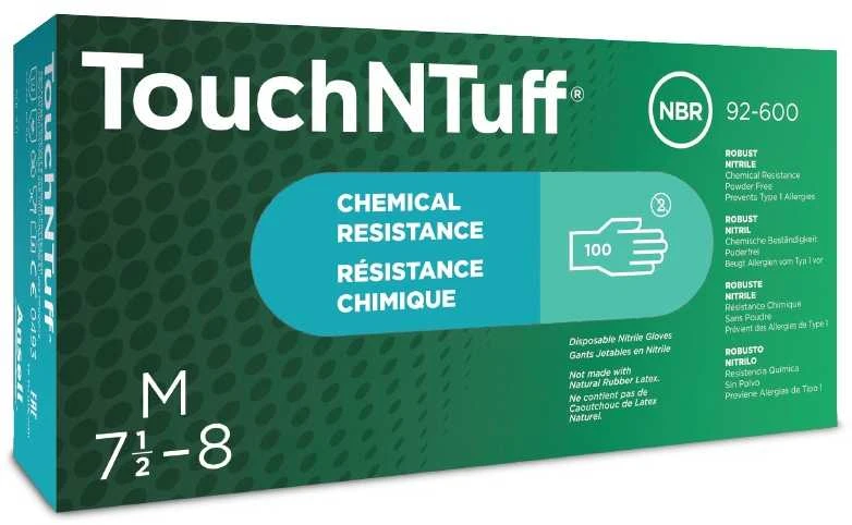 Vienkartinės nitrilinės pirštinės Ansell TouchNTuff 92-600, 100vnt, 0,12mm storio, M dydis (7,5-8), lygus delnas, žalios