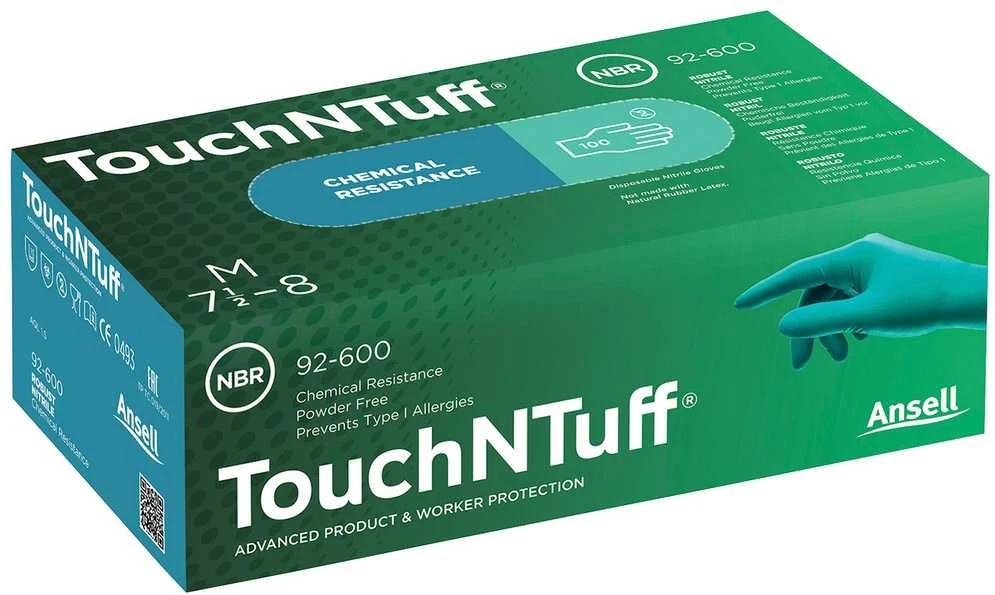 Vienkartinės nitrilinės pirštinės Ansell TouchNTuff 92-600, 100vnt, 0,12mm storio, XL dydis (9,5-10), lygus delnas, žalios