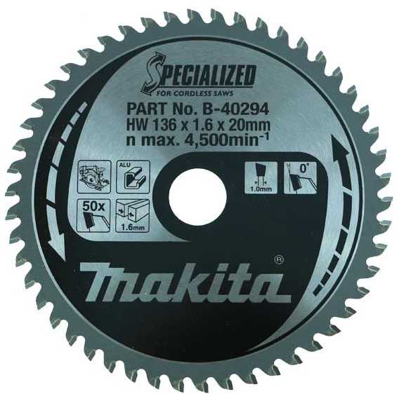Makita T.C.T. pjūklas SPECIALIZED 136X1.6X20mm 0° T50 B-40294 T.C.T • 136 x20 mm • T50 • 0° • Aliuminiui