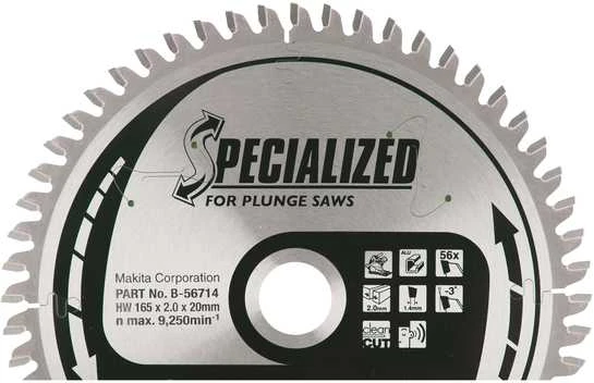 Makita T.C.T. pjūklas SPECIALIZED 165X2X20mm -3° T56 B-56770 T.C.T • 165 x20 mm • T56 • -3° • Aliuminiui