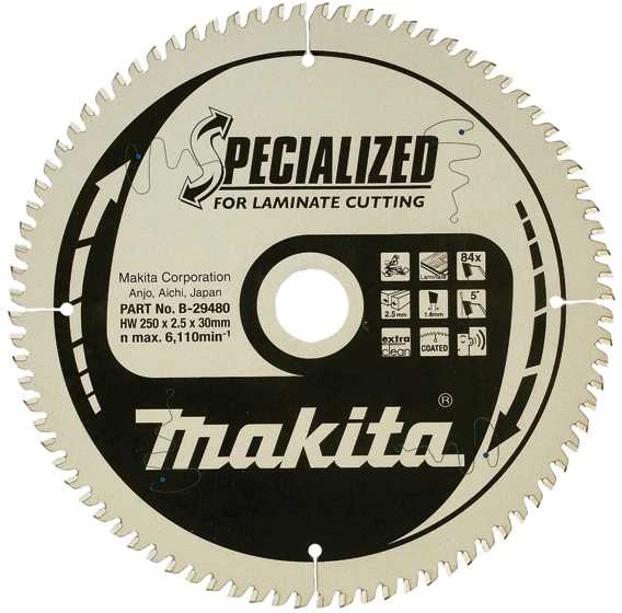 Makita T.C.T. pjūklas SPECIALIZED 250X2.5X30mm 5° T84 B-29480 T.C.T • 250 x30 mm • T84 • 5° • MDF/laminatui