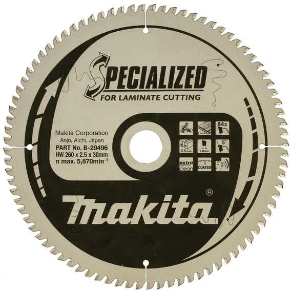 Makita T.C.T. pjūklas SPECIALIZED 260X2.5X30mm 5° T84 B-29496 T.C.T • 260 x30 mm • T84 • 5° • MDF/laminatui