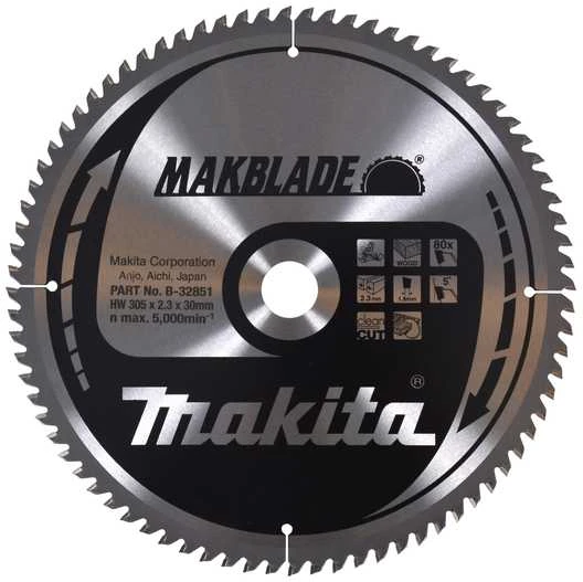 Makita T.C.T. pjūklas MAKBLADE 305X2.3X30mm 5° T80 B-32851 T.C.T • 305 x30 mm • T80 • 5° • Medienai