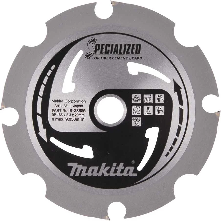 Makita T.C.T. pjūklas SPECIALIZED 165X2.3X20mm 12° T4 B-33685 T.C.T • 165 x20 mm • T4 • 12° • Fibrocemento plokštėms