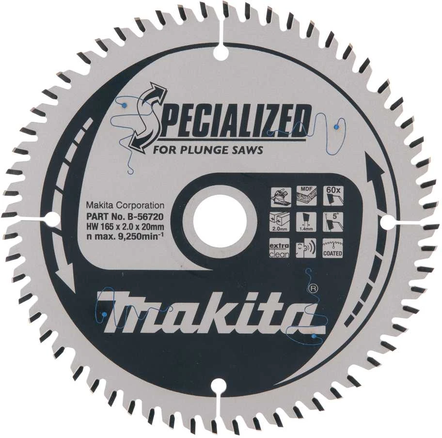Makita T.C.T. pjūklas SPECIALIZED 165X2X20mm 5° T60 B-56786 T.C.T • 165 x20 mm • T60 • 5° • MDF/laminatui