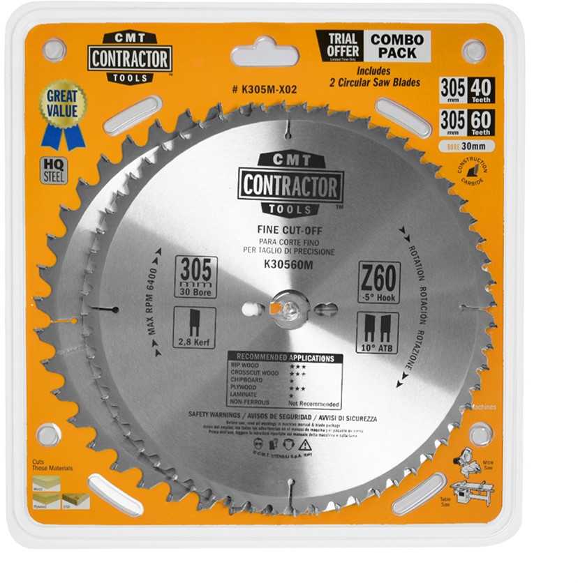 Pjovimo diskas medienai CMT Contractor; 305x2.6/1,8x30; Z40/Z60; 10°; 2 vnt.