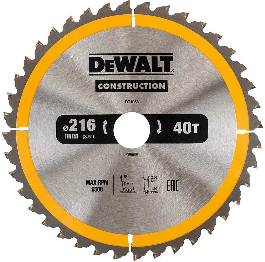 Pjovimo diskas medienai DeWalt; 216x2,6x30,0 mm; Z40; -5°