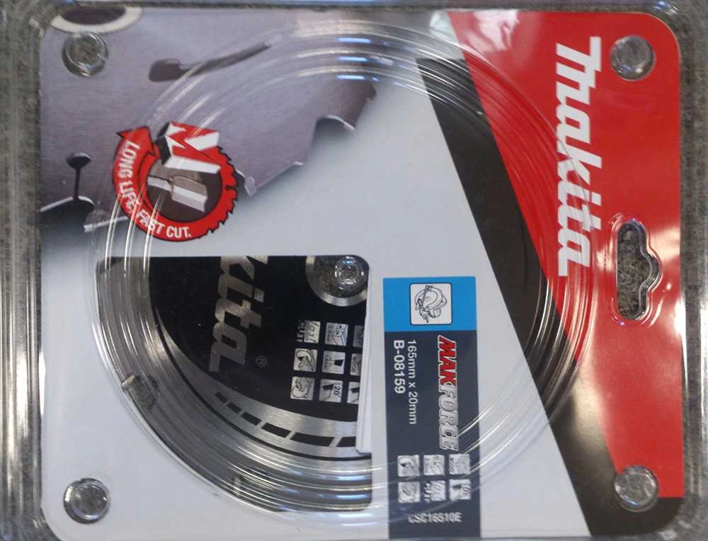 Makita T.C.T. pjūklas MAKFORCE 165X2X20mm 20° T10 B-08159 T.C.T • 165 x20 mm • T10 • 20° • Medienai
