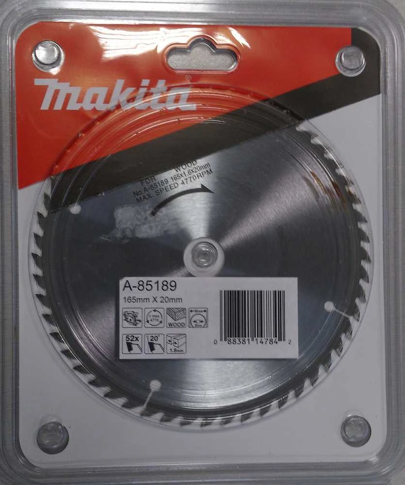 Makita T.C.T. pjūklas 165X1.6X20mm 20° T52 A-85189 T.C.T • 165 x20 mm • T52 • 20° • Medienai