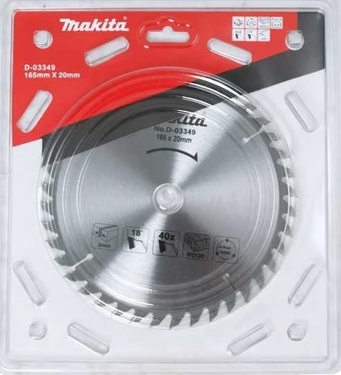 Makita T.C.T. pjūklas 165X2X20mm 18° T40 D-03349 T.C.T • 165 x20 mm • T40 • 18° • Medienai