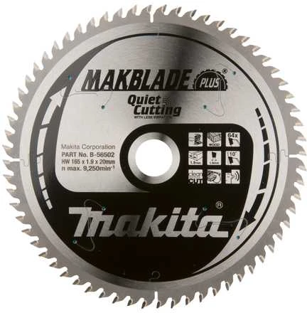 Makita T.C.T. pjūklas MAKBLADE PLUS 165X1.9X20mm 10° T64 B-56518 T.C.T • 165 x20 mm • T64 • 10° • Medienai