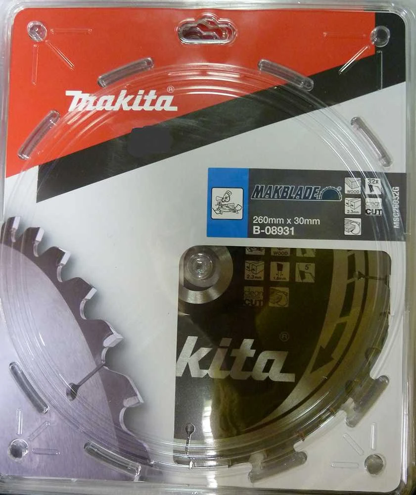 Makita T.C.T. pjūklas MAKBLADE 260X2.3X30mm 5° T32 B-08931 T.C.T • 260 x30 mm • T32 • 5° • Medienai