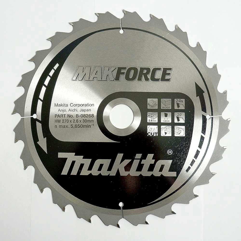 Makita T.C.T. pjūklas MAKFORCE 270X2.6X30mm 20° T24 B-32172 T.C.T • 270 x30 mm • T24 • 20° • Medienai
