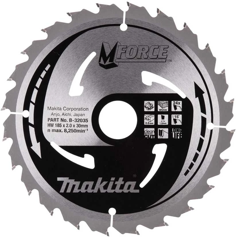 Makita T.C.T. pjūklas M-FORCE 185X2X30mm 15° T24 B-32035 T.C.T • 185 x30 mm • T24 • 15° • Medienai