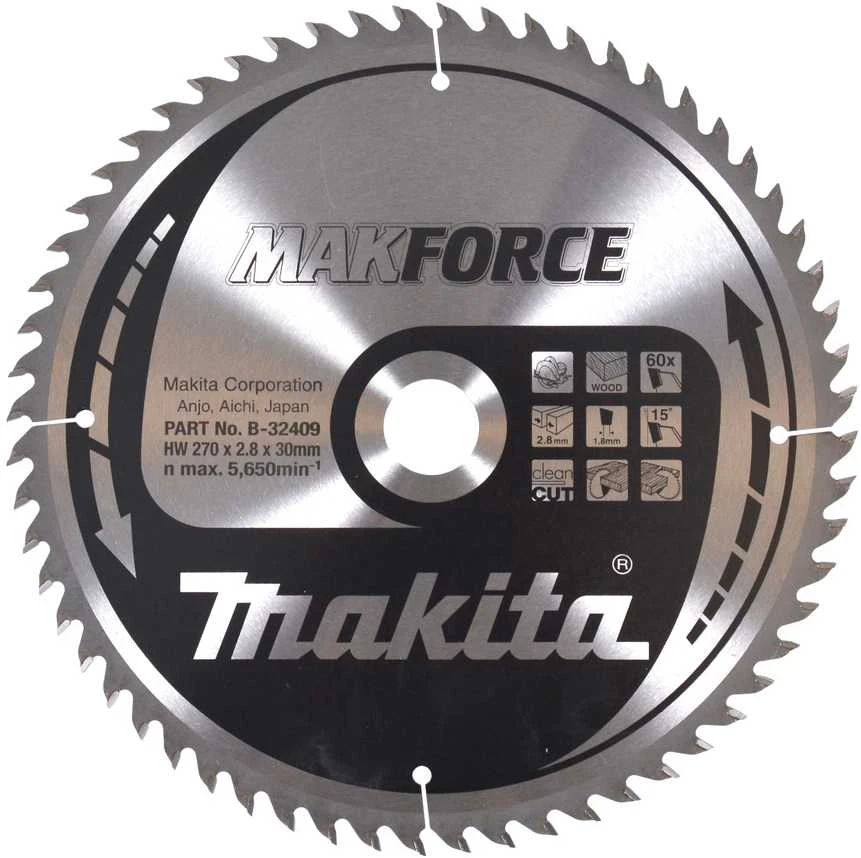 Makita T.C.T. pjūklas MAKFORCE 270X2.8X30mm 15° T60 B-32409 T.C.T • 270 x30 mm • T60 • 15° • Medienai