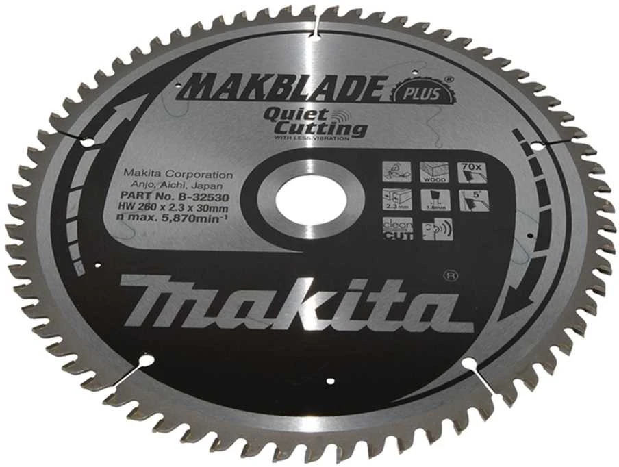Makita T.C.T. pjūklas MAKBLADE PLUS 260X2.3X30mm 5° T70 B-32530 T.C.T • 260 x30 mm • T70 • 5° • Mediena