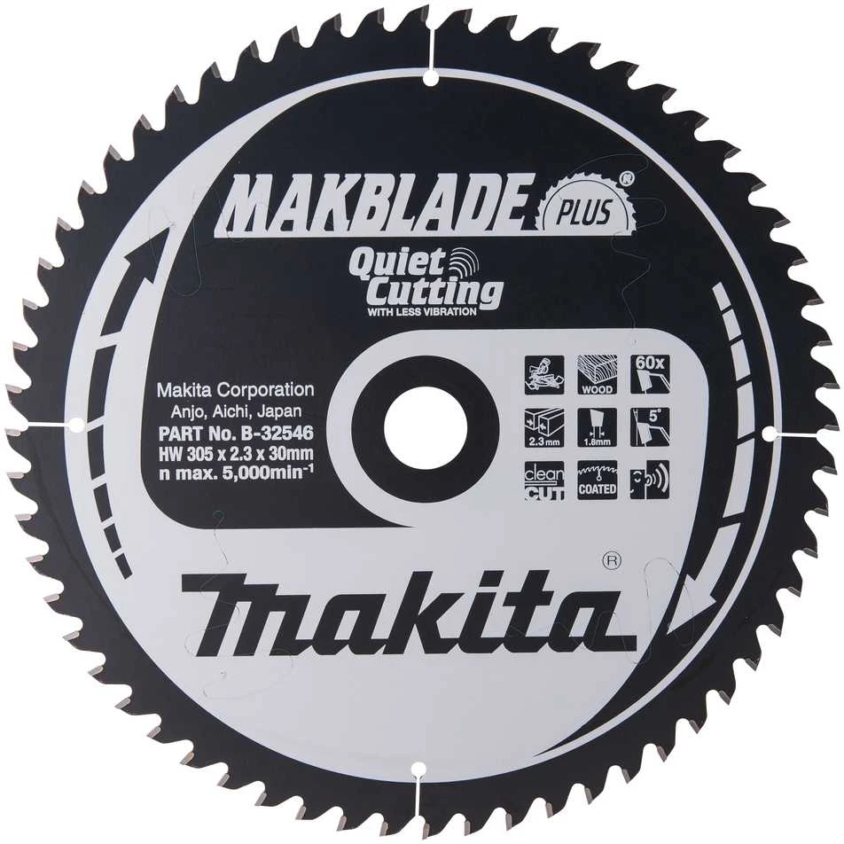 Makita T.C.T. pjūklas MAKBLADE PLUS 305X2.3X30mm 5° T60 B-32546 T.C.T • 305 x30 mm • T60 • 5° • Medienai